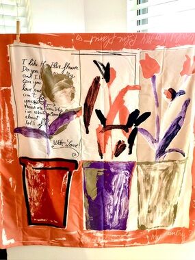 Artist Quote Flower Silk Scarf in Coral, Purple & Olive